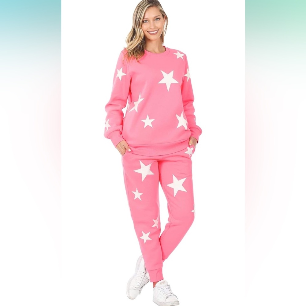 Zenana Star Pattern Fleece Crew Neck Sweatshirt & Joggers  Set, Size S